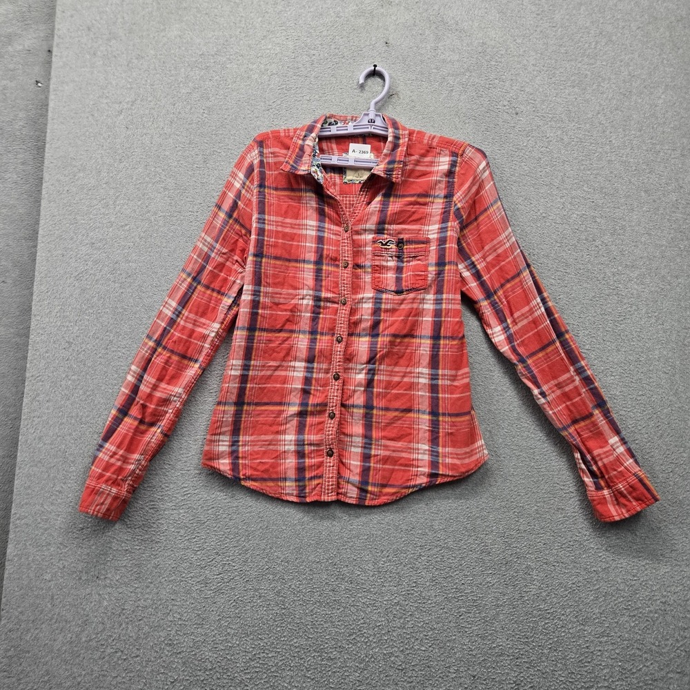 Hollister Women Button Up Shirt L Red Plaid Casual Embroidered Collared Y2K
